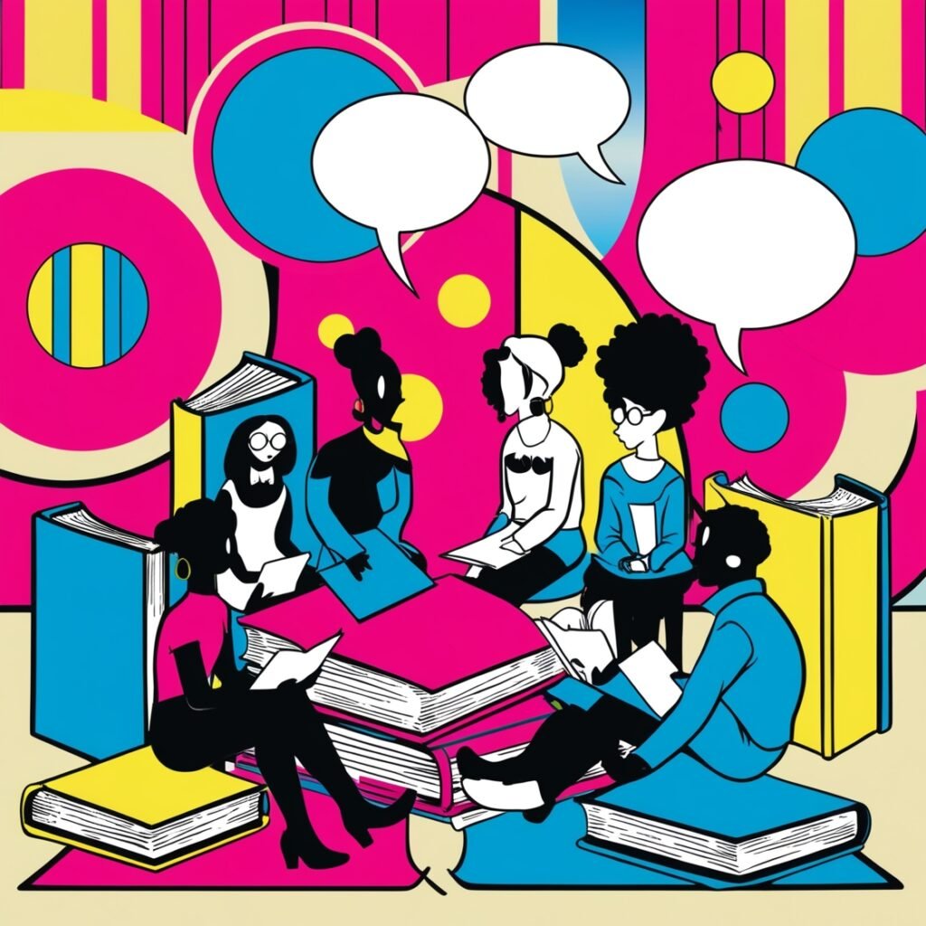 Abstract illustration of a group of quirky characters (stylized silhouettes, not realistic people) sitting around colorful oversized books and speech bubbles