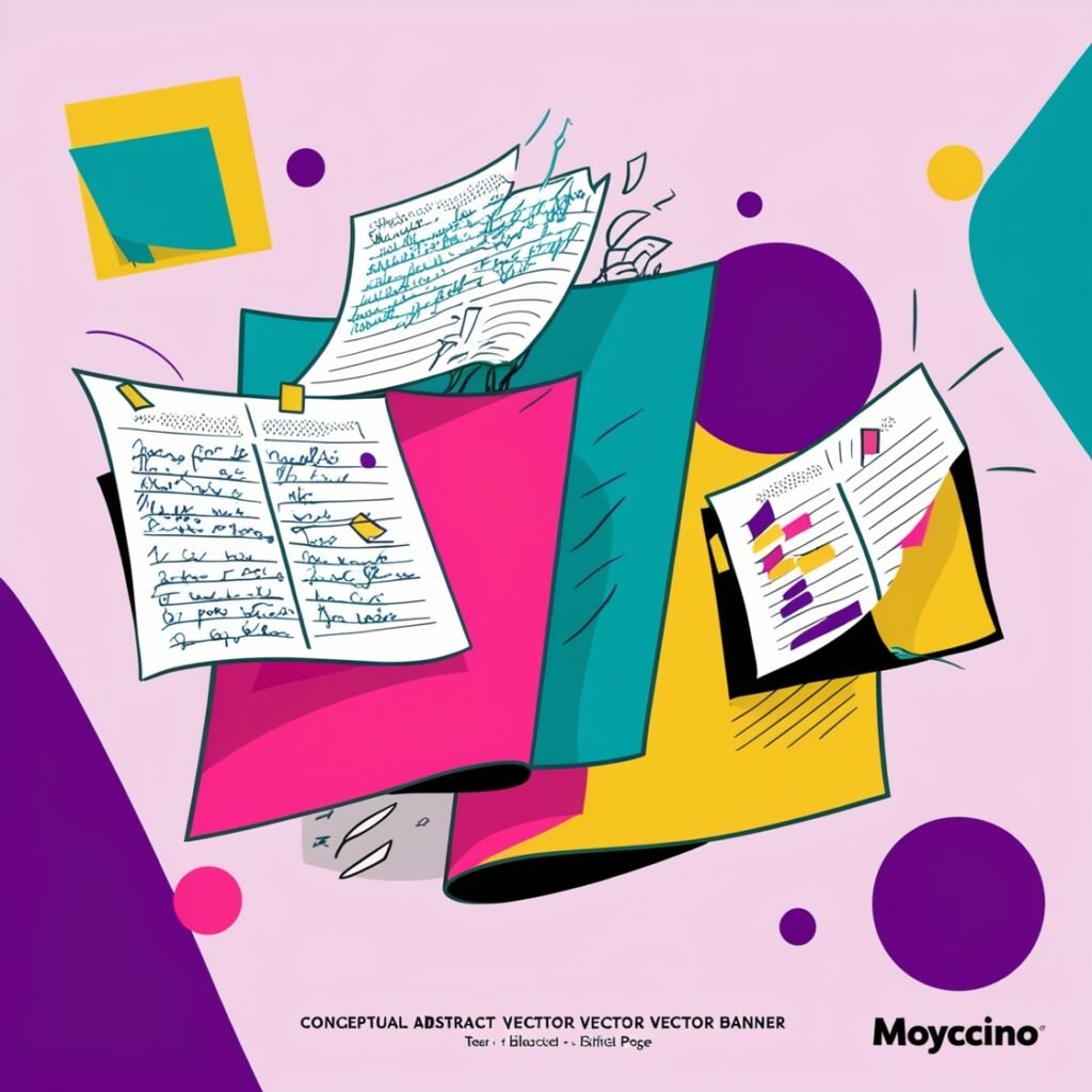 Conceptual abstract vector illustration of messy handwritten notes transforming into sleek organized digital pages. Papers turning into bold colorful shapes, floating in space. Use bright colors (pink, teal, yellow, purple) with abstract Memphis patterns. Conceptual abstract vector illustration of messy handwritten notes transforming into sleek organized digital pages.