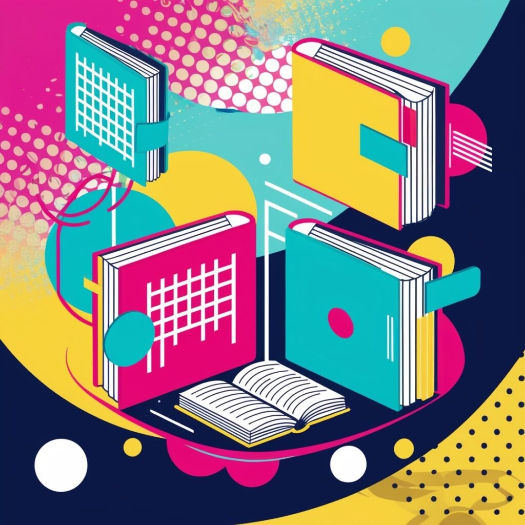 Retro-futuristic abstract illustration of open digital books floating in colorful space. Bold geometric shapes (circles, grids, lines) in neon pink, turquoise, yellow, and deep blue. Retro-futuristic abstract illustration of open digital books floating in colorful space. Bold geometric shapes (circles, grids, lines) in neon pink, turquoise, yellow, and deep blue. Playful but clean, vector style. Background should echo the Moyccino banner vibe — layered dots, gradients, and Memphis patterns. No realistic photos, keep it flat modern illustration.